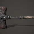 Vintage Decorative Hammer With Stone Head And Wooden Handle Featuring Metal Accents
