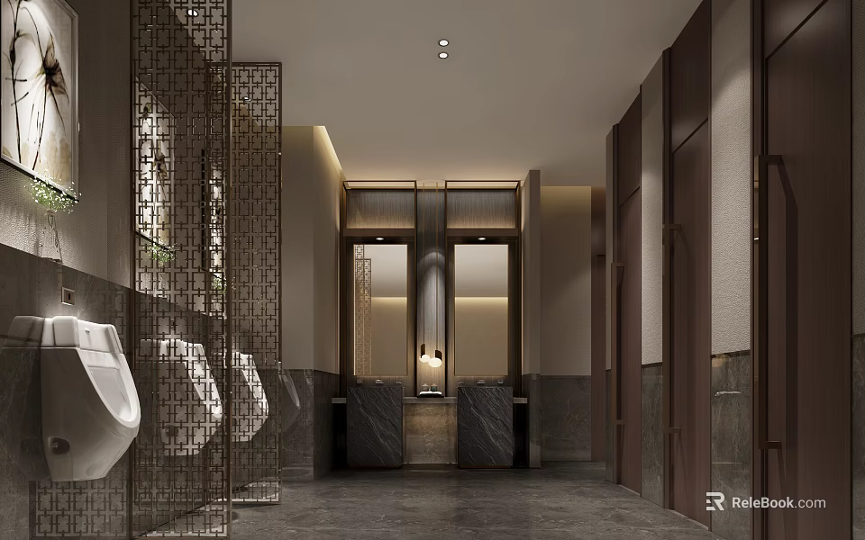 Modern Public Toilet Interior With Stalls Urinals Washbasins Lighting And Marble Countertops With Metal Partitions 3d model 