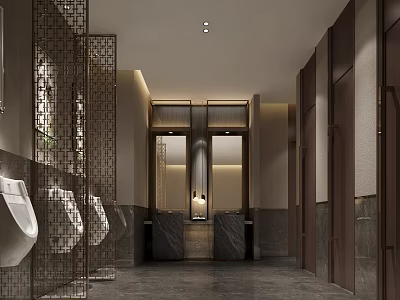 Modern Public Toilet Interior With Stalls Urinals Washbasins Lighting And Marble Countertops With Metal Partitions 3d model