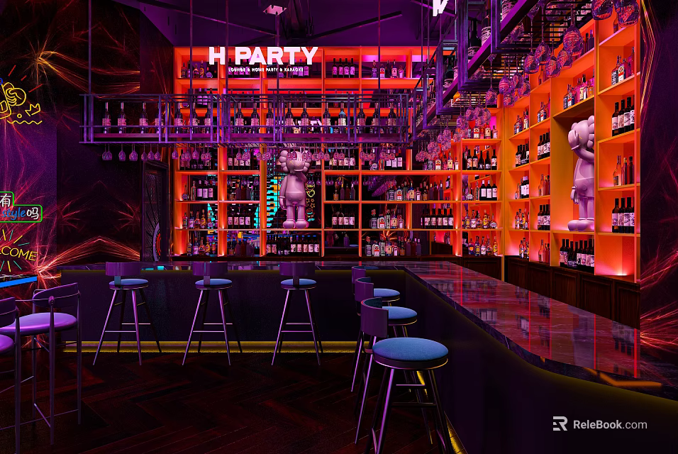 Vibrant Bar With E PARTY Neon Sign Shelves Bottles Counter Stools And Purple Red Lighting 3d model 