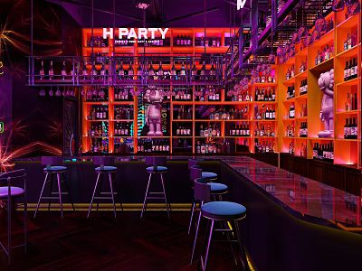 Vibrant Bar With E PARTY Neon Sign Shelves Bottles Counter Stools And Purple Red Lighting 3d model