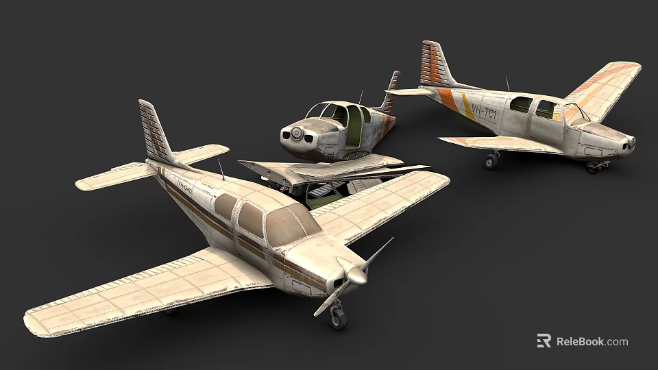 Three Vintage Airplane Models With Classic Design And Textured Fuselage 3d model 