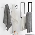 Modern Gray And White Checkered Towels Hanging On Wall Rack With Table Storage Basket