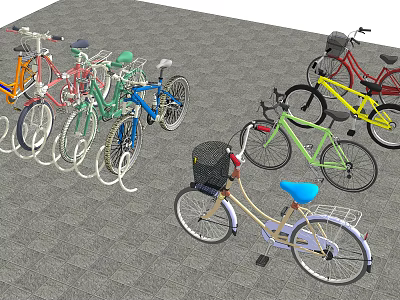 Colorful Bicycles with Basket Parked at Urban Bike Rack in Various Colors 3d model