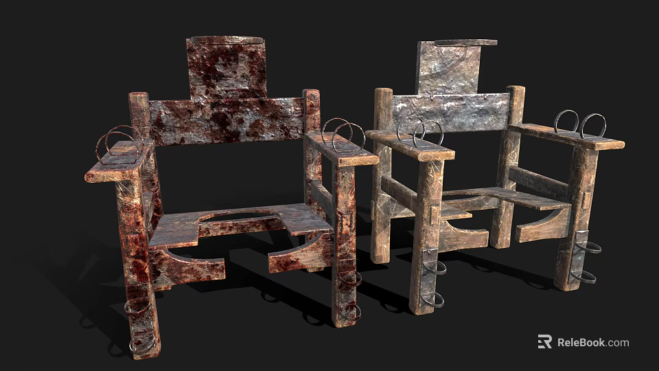 Rustic Weapon Shaped Metal Wooden Chair With Decorative Rings Design 3d model 