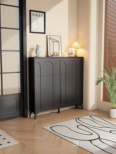Modern Black Shoe Cabinet With Arched Doors In Entryway With Table Lamp Decorations And Plant 3d model 