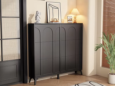 Modern Black Shoe Cabinet With Arched Doors In Entryway With Table Lamp Decorations And Plant 3d model