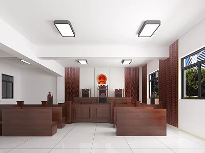 Modern Courtroom Interior With Wooden Benches Red Emblem Windows And Ceiling Lighting 3d model