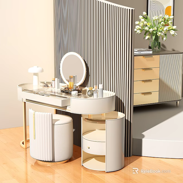 Elegant White Dressing Table With Round Mirror Drawers White Stool And Vase With Flowers 3d model 