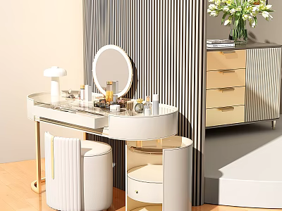 Elegant White Dressing Table With Round Mirror Drawers White Stool And Vase With Flowers 3d model