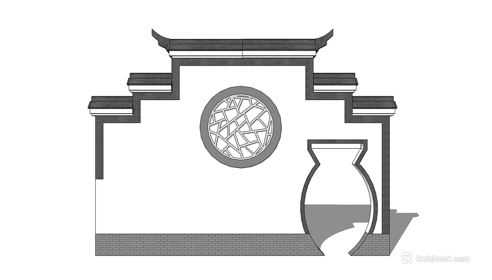 Traditional Scenic Wall With Circular Lattice Window Curved Eaves And Ceramic Vase 3d model 