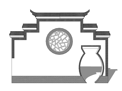 Traditional Scenic Wall With Circular Lattice Window Curved Eaves And Ceramic Vase 3d model