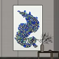 Abstract Blue Green Art Painting With Flowing Shapes On Indoor Wall Near Vase And Branches