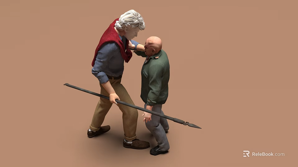 Two Men Scene With White Haired Man Pointing Spear At Bald Man In Green Jacket 3d model 