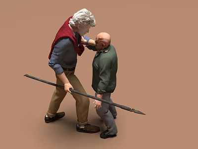 Two Men Scene With White Haired Man Pointing Spear At Bald Man In Green Jacket 3d model