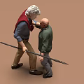 Two Men Scene With White Haired Man Pointing Spear At Bald Man In Green Jacket
