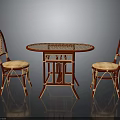 Red Round Rattan Table With Two Matching Chairs And Upholstered Seats