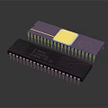 Purple and Black Integrated Circuits with Gold Pins and Labeled Packages