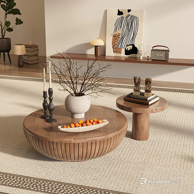 Round Wooden Coffee Table With White Vase Branches Orange Tray And Side Table With Books 3d model 
