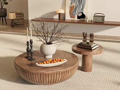 Round Wooden Coffee Table With White Vase Branches Orange Tray And Side Table With Books 3d model