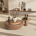 Round Wooden Coffee Table With White Vase Branches Orange Tray And Side Table With Books
