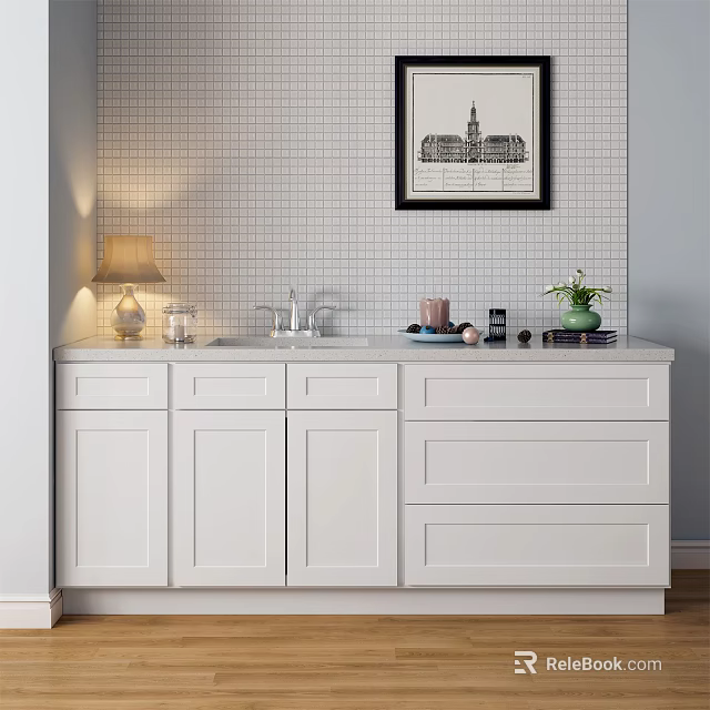 Modern White Bathroom Vanity with Countertop Drawers and Cabinets and Toiletries on Tiled Backsplash 3d model 