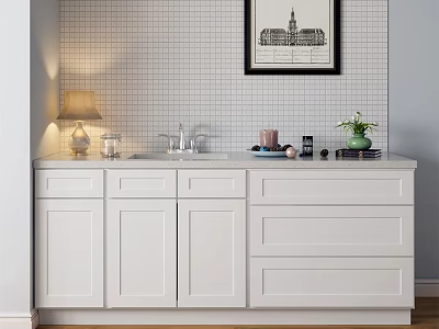 Modern White Bathroom Vanity with Countertop Drawers and Cabinets and Toiletries on Tiled Backsplash 3d model
