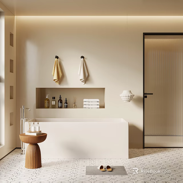 Minimalist Modern Bathroom Interior With Freestanding Bathtub Wall Niche Hanging Towels And Wooden Stool 3d model 