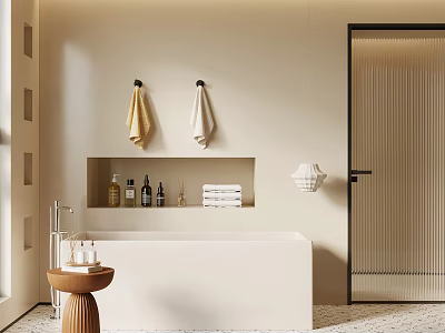 Minimalist Modern Bathroom Interior With Freestanding Bathtub Wall Niche Hanging Towels And Wooden Stool 3d model