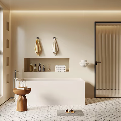 Minimalist Modern Bathroom Interior With Freestanding Bathtub Wall Niche Hanging Towels And Wooden Stool 3d model