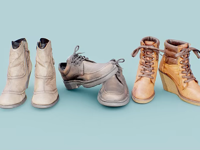 Vintage Style Shoes Display Featuring Ankle Boots Leather Oxfords And Wedge Heels 3d model