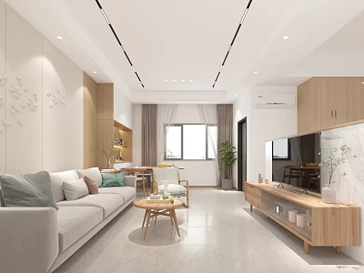 Modern Apartment Living Room With Light Gray Sofa Wooden Coffee Table TV Cabinet And Plant 3d model