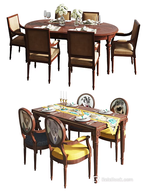Wooden Dining Table Set With Upholstered Chairs Decorative Backrest Tableware And Candles 3d model 