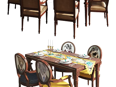 Wooden Dining Table Set With Upholstered Chairs Decorative Backrest Tableware And Candles 3d model