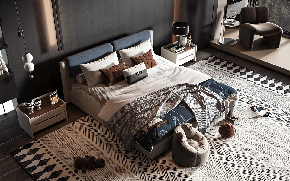 Double Bed With Blue Headboard Layered Pillows Soft Bedding Nightstands And Patterned Rug 3d model 