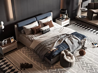 Double Bed With Blue Headboard Layered Pillows Soft Bedding Nightstands And Patterned Rug 3d model