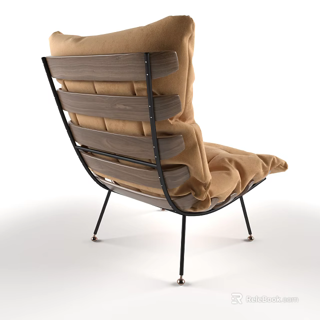 Brown Cushioned Single Sofa With Wooden Slats And Black Metal Legs 3d model 