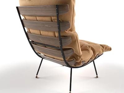 Brown Cushioned Single Sofa With Wooden Slats And Black Metal Legs 3d model