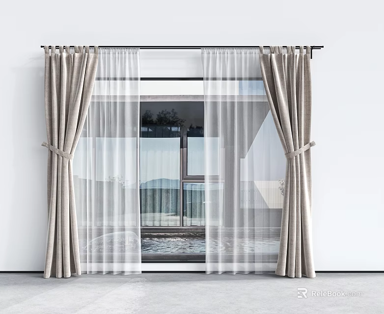 Modern Double Layer Curtains With Beige Outer And Sheer Inner Layers Hung On Window 3d model 