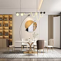 Elegant Modern Dining Room Interior With Hanging Lights Circular Mirror Wine Cabinets And Dining Table 3d model