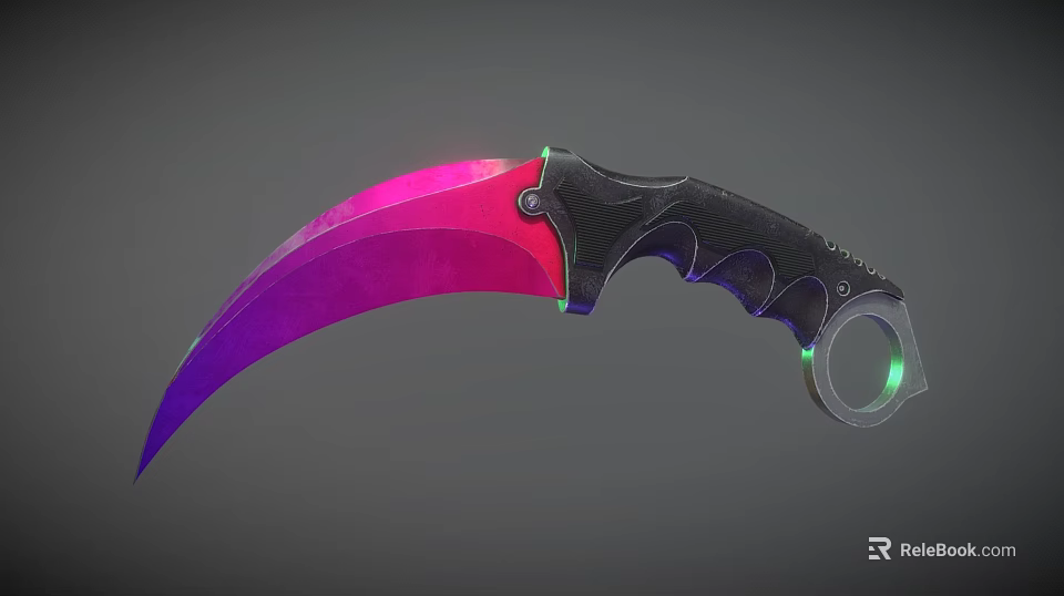 Futuristic Karambit Knife With Purple Pink Blade Black Carbon Fiber Handle And Green Glowing Ring 3d model 