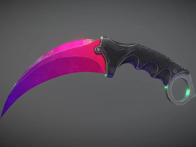 Futuristic Karambit Knife With Purple Pink Blade Black Carbon Fiber Handle And Green Glowing Ring 3d model
