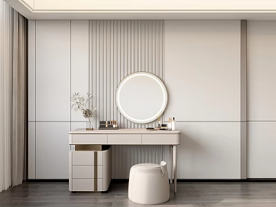 Modern Minimalist Dressing Table With Round Mirror Stool And Decor 3d model