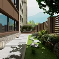Modern Garden Landscape Design With Wooden Deck Outdoor Dining Set And Green Plants