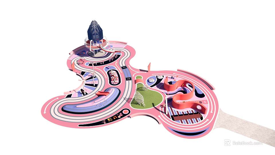 Fun Curved Children's Playground With Slides Tracks Green Area And Interactive Zones 3d model 