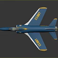 Blue and Yellow US Navy Model Jet Airplane with Yellow Stripes on Wings and Tail