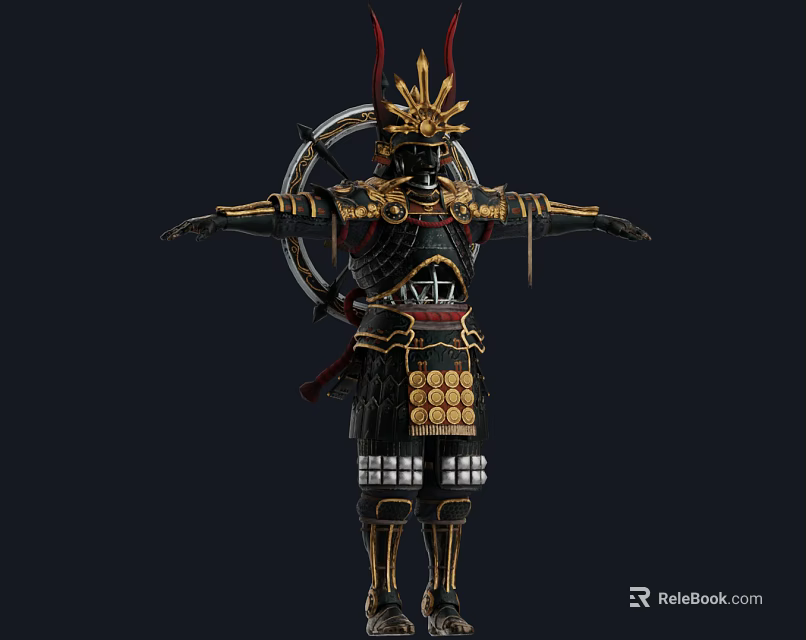 Traditional Samurai Warrior In Black Armor With Golden Accents Red Headgear And Circular Back Ornament 3d model