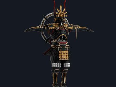 Traditional Samurai Warrior In Black Armor With Golden Accents Red Headgear And Circular Back Ornament 3d model