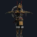 Traditional Samurai Warrior In Black Armor With Golden Accents Red Headgear And Circular Back Ornament 3d model