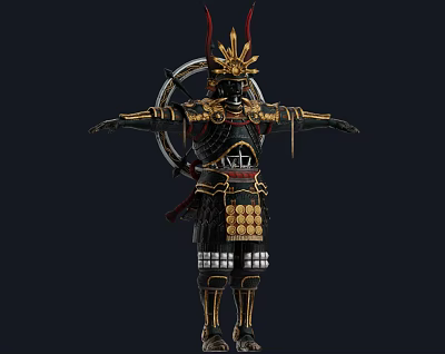 Traditional Samurai Warrior In Black Armor With Golden Accents Red Headgear And Circular Back Ornament 3d model
